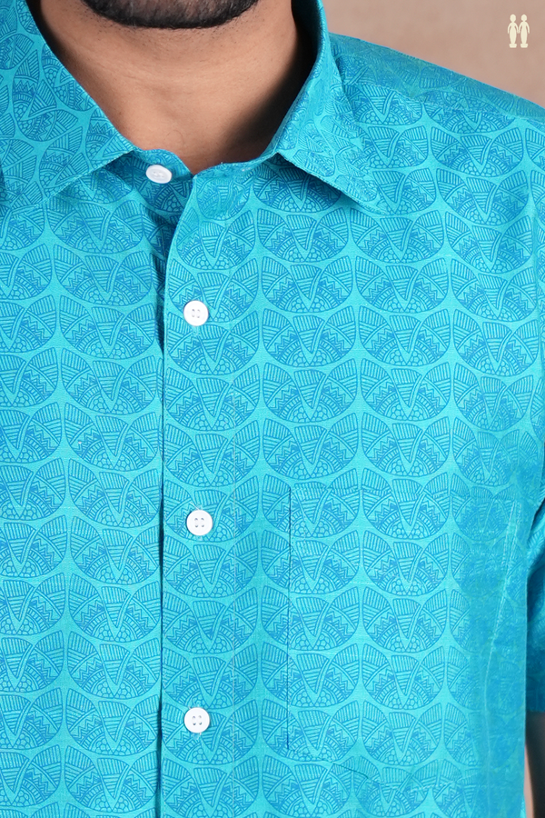 Regular Collar Printed Design Blue Raw Silk Shirt