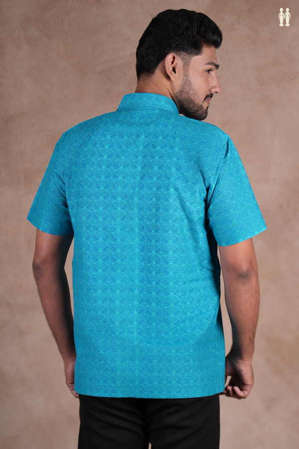 Regular Collar Printed Design Blue Raw Silk Shirt