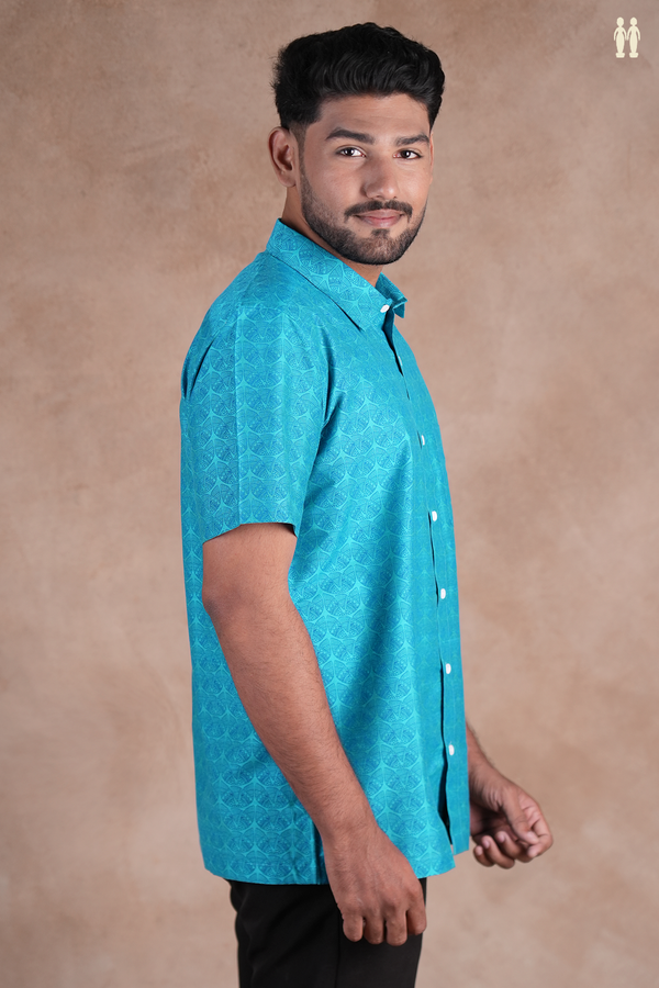 Regular Collar Printed Design Blue Raw Silk Shirt
