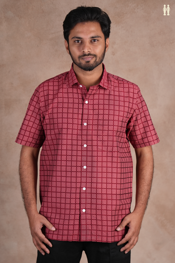 Regular Collar Printed Design Burgundy Red Cotton Shirt