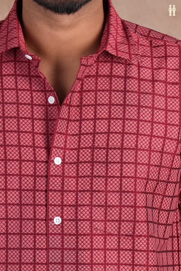 Regular Collar Printed Design Burgundy Red Cotton Shirt