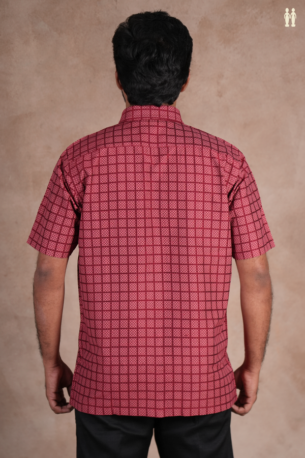 Regular Collar Printed Design Burgundy Red Cotton Shirt