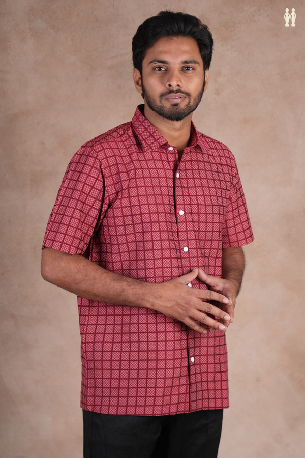 Regular Collar Printed Design Burgundy Red Cotton Shirt