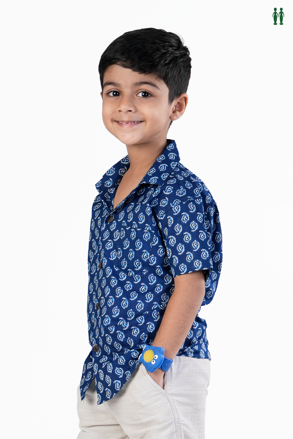 Regular Collar Printed Design Capri Blue Cotton Shirt