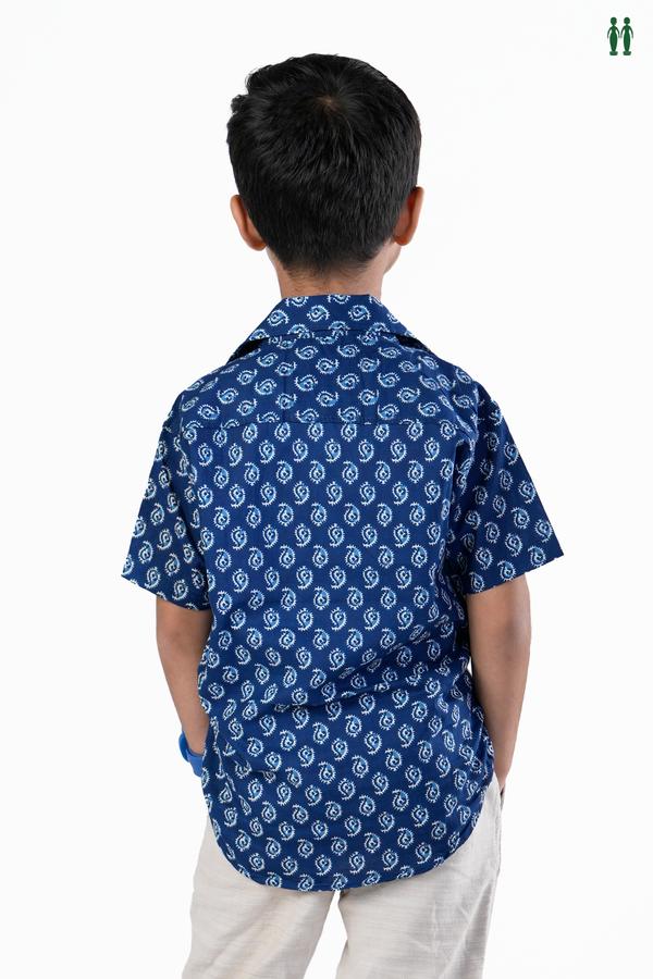 Regular Collar Printed Design Capri Blue Cotton Shirt