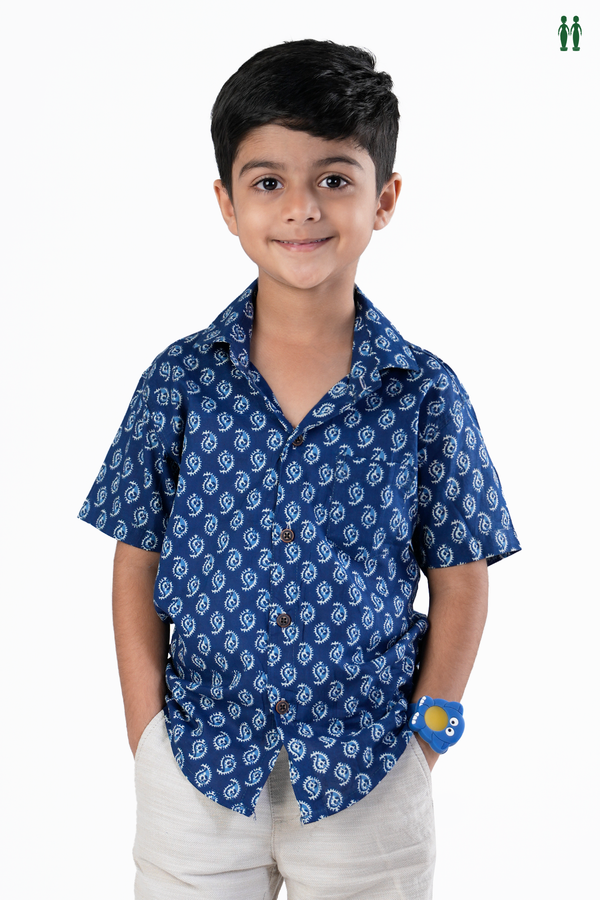 Regular Collar Printed Design Capri Blue Cotton Shirt