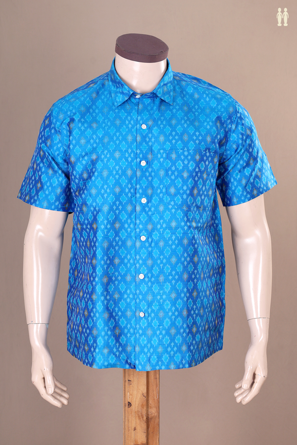 Regular Collar Printed Design Cerulean Blue Raw Silk Shirt