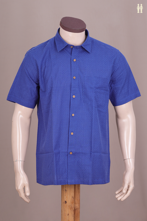 Regular Collar Threadwork Design Cobalt Blue Cotton Shirt