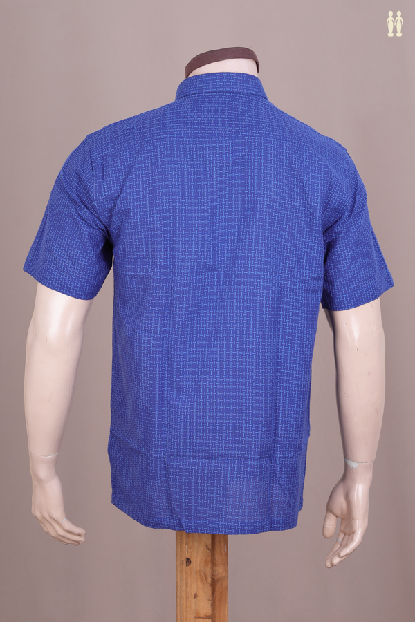 Regular Collar Threadwork Design Cobalt Blue Cotton Shirt