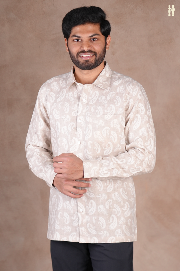 Regular Collar Printed Design Coffee Cream Linen Shirt