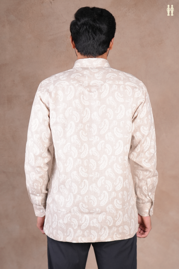 Regular Collar Printed Design Coffee Cream Linen Shirt
