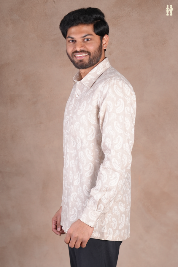 Regular Collar Printed Design Coffee Cream Linen Shirt