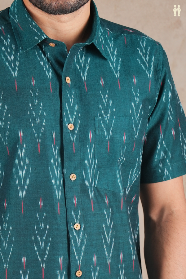 Regular Collar Printed Design Dark Green Cotton Shirt