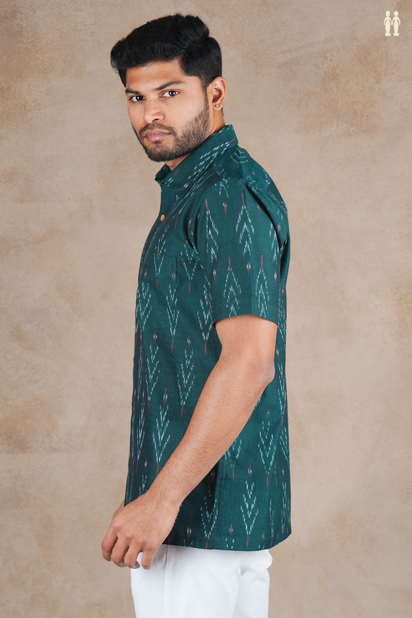 Regular Collar Printed Design Dark Green Cotton Shirt