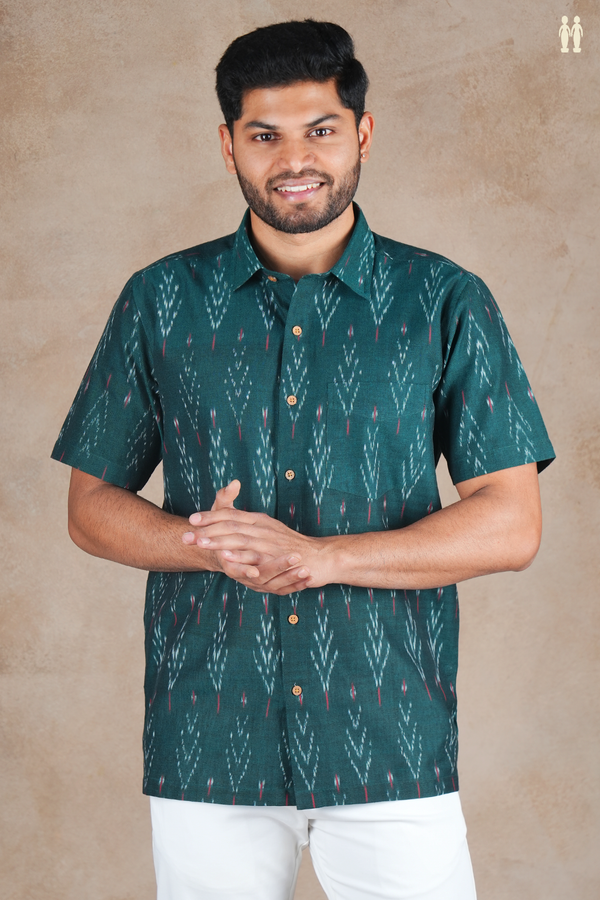 Regular Collar Printed Design Dark Green Cotton Shirt