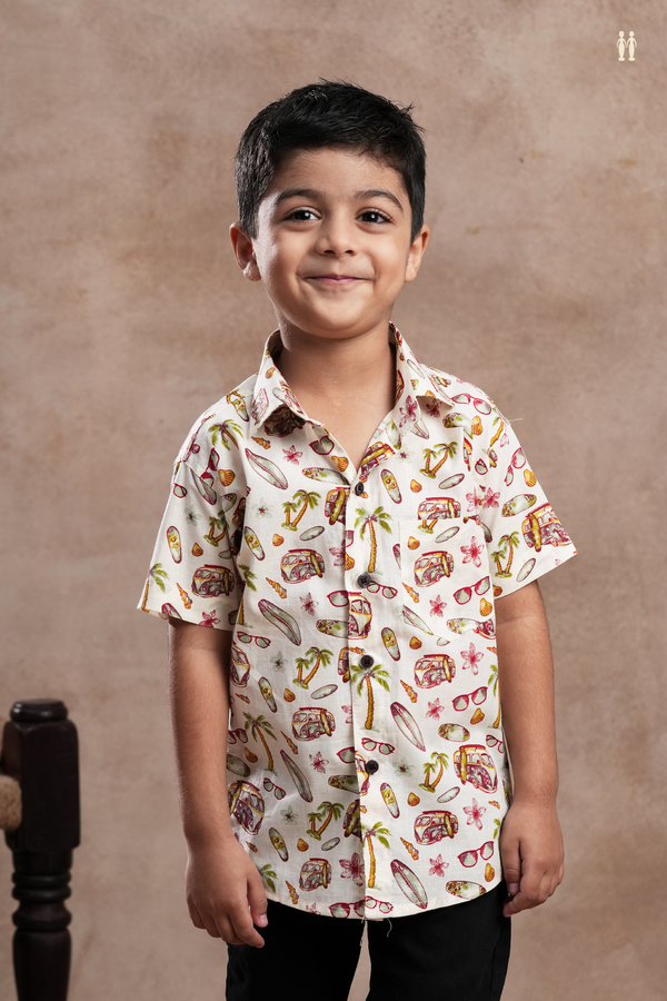 Regular Collar Printed Design Egg White Cotton Shirt
