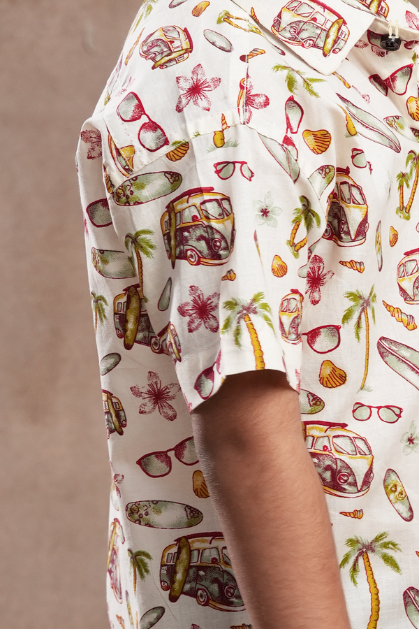 Regular Collar Printed Design Egg White Cotton Shirt