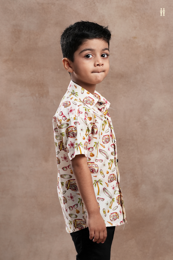 Regular Collar Printed Design Egg White Cotton Shirt