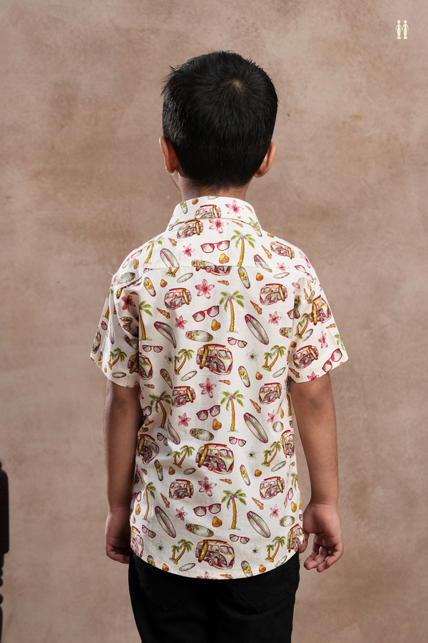 Regular Collar Printed Design Egg White Cotton Shirt