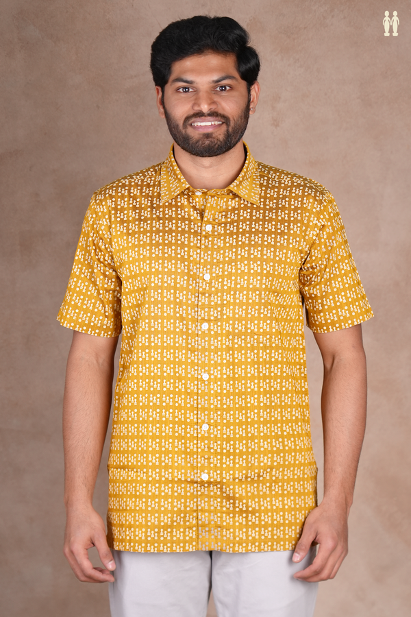 Regular Collar Printed Design Golden Yellow Raw Silk Shirt