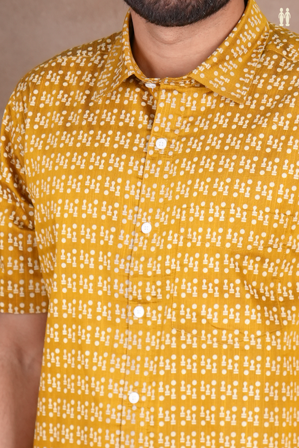 Regular Collar Printed Design Golden Yellow Raw Silk Shirt
