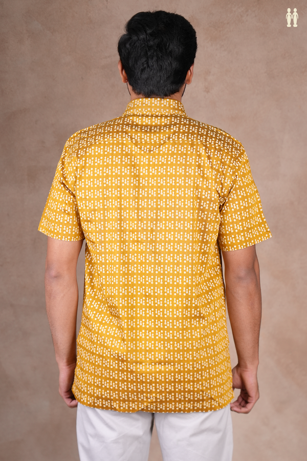 Regular Collar Printed Design Golden Yellow Raw Silk Shirt