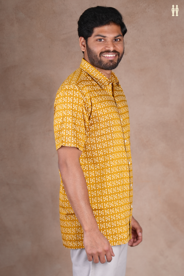 Regular Collar Printed Design Golden Yellow Raw Silk Shirt