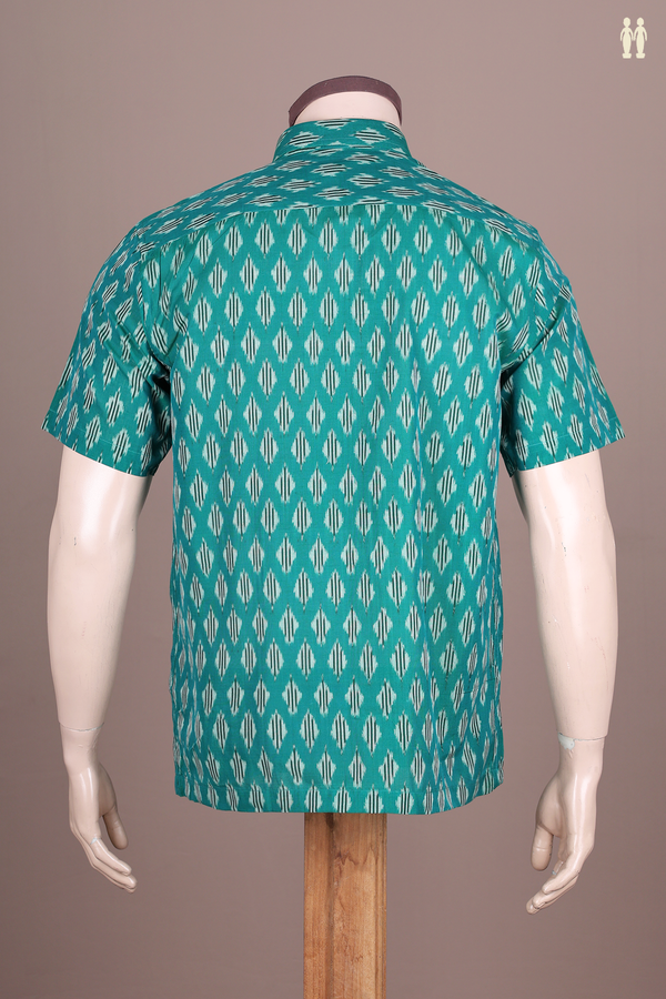 Regular Collar Printed Design Green Ikat Cotton Shirt