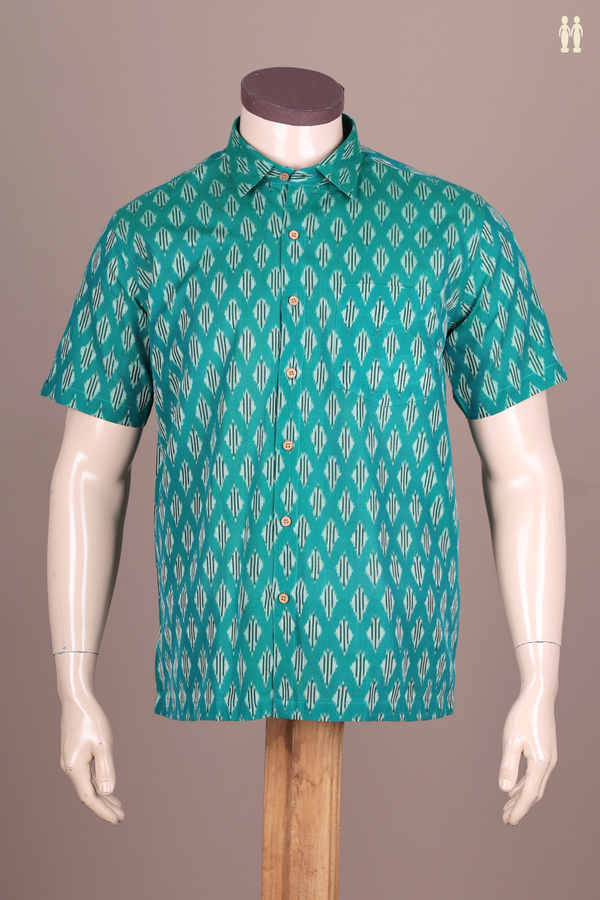 Regular Collar Printed Design Green Ikat Cotton Shirt