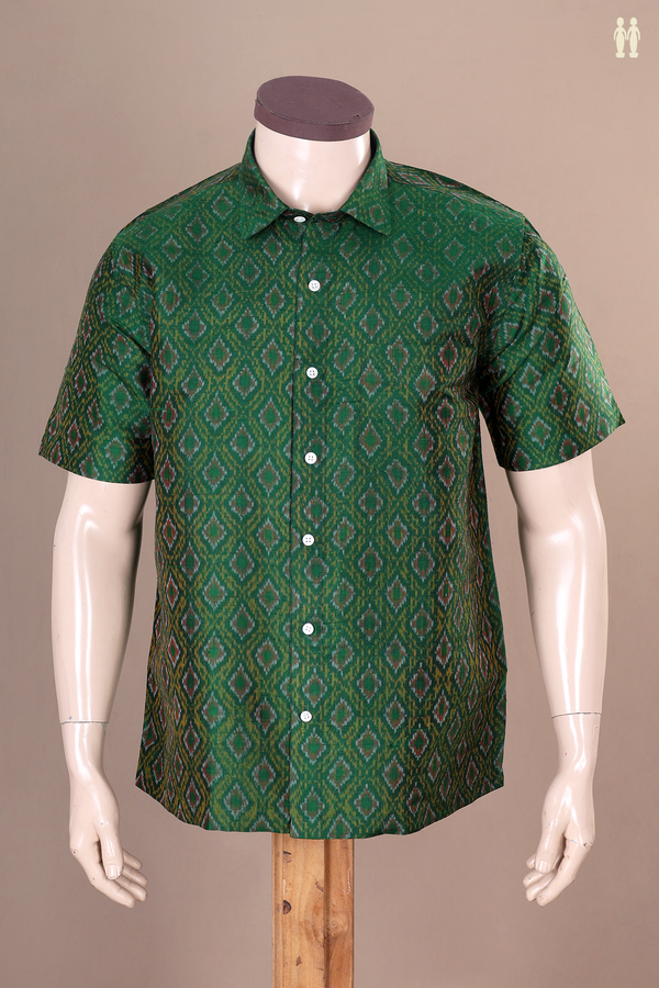 Regular Collar Printed Design Green Raw Silk Shirt