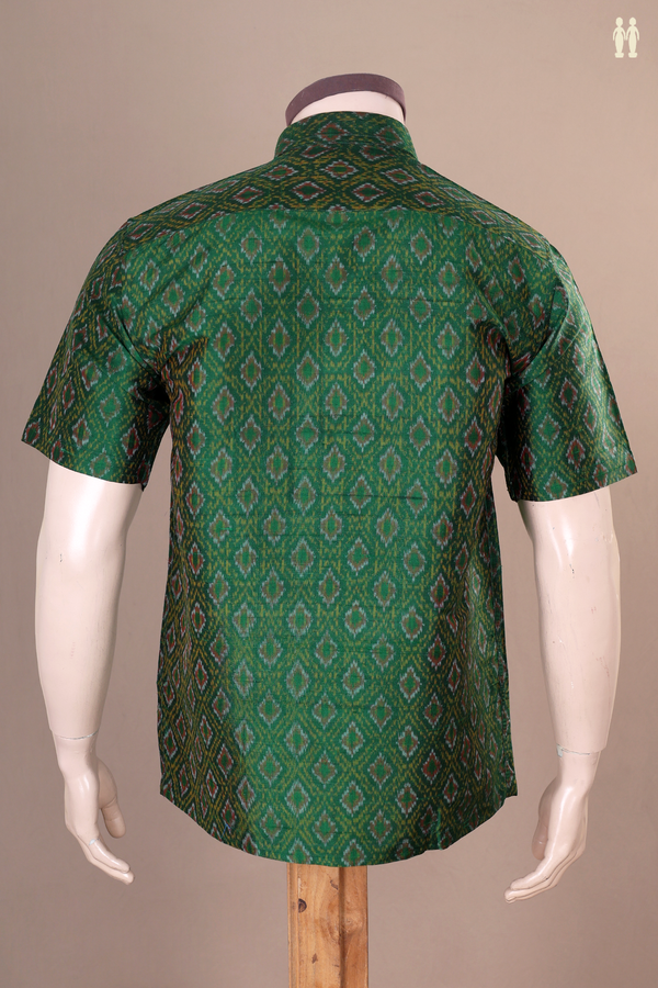 Regular Collar Printed Design Green Raw Silk Shirt