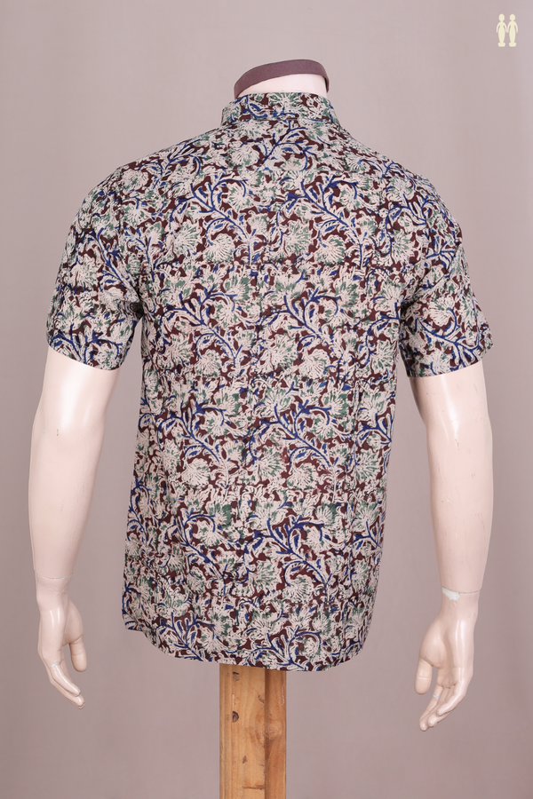 Regular Collar Printed Design Maroon Kalamkari Cotton Shirt