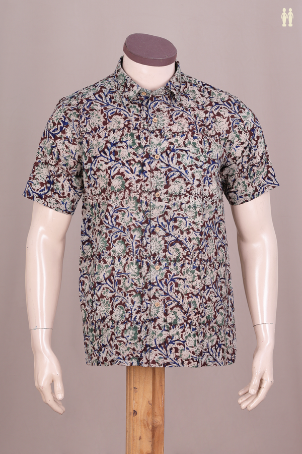 Regular Collar Printed Design Maroon Kalamkari Cotton Shirt