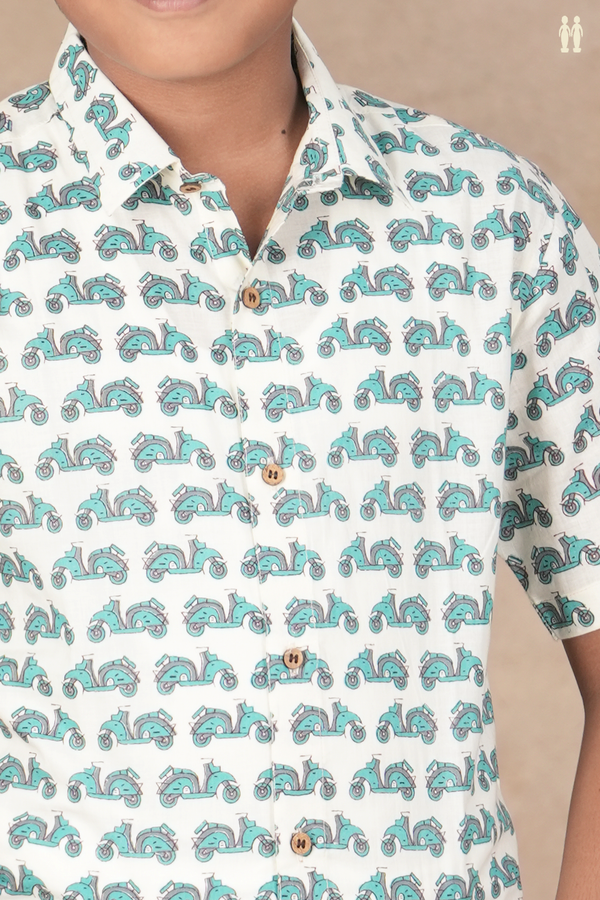 Regular Collar Printed Design Off White Cotton Shirt