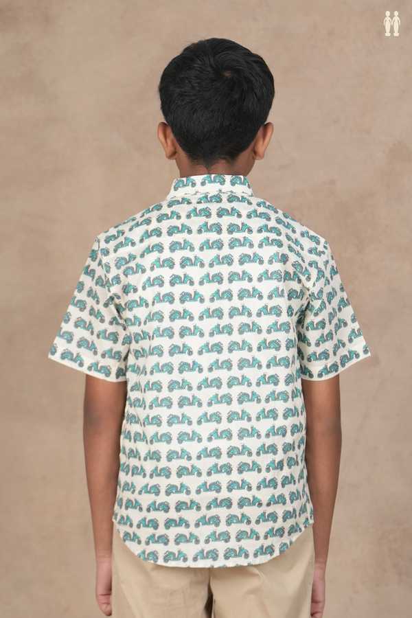 Regular Collar Printed Design Off White Cotton Shirt
