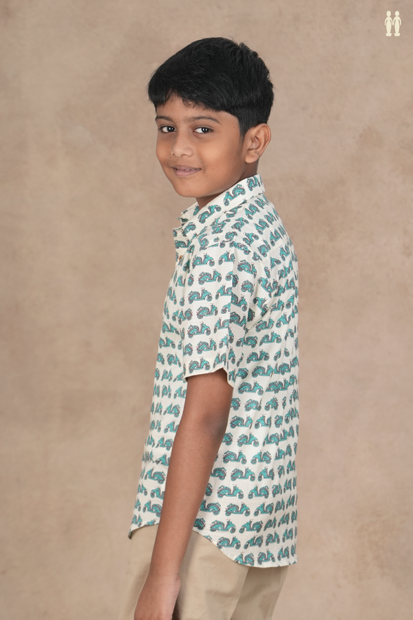 Regular Collar Printed Design Off White Cotton Shirt