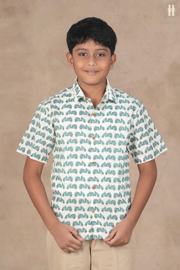 Regular Collar Printed Design Off White Cotton Shirt