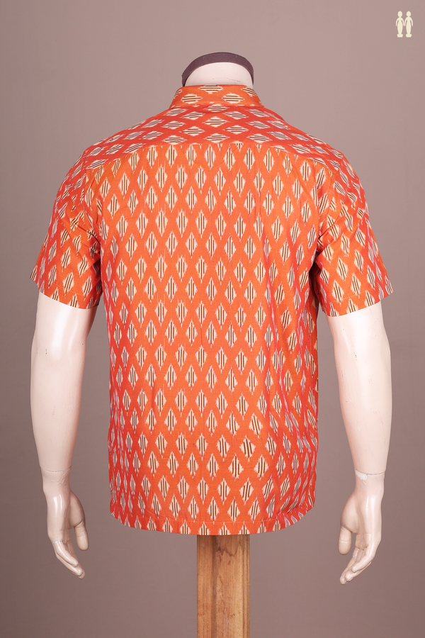 Regular Collar Printed Design Orange Ikat Cotton Shirt