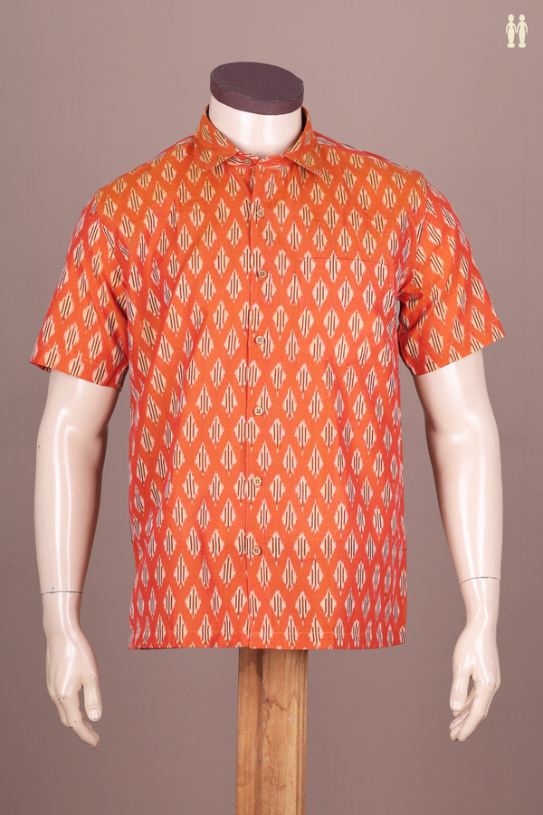 Regular Collar Printed Design Orange Ikat Cotton Shirt