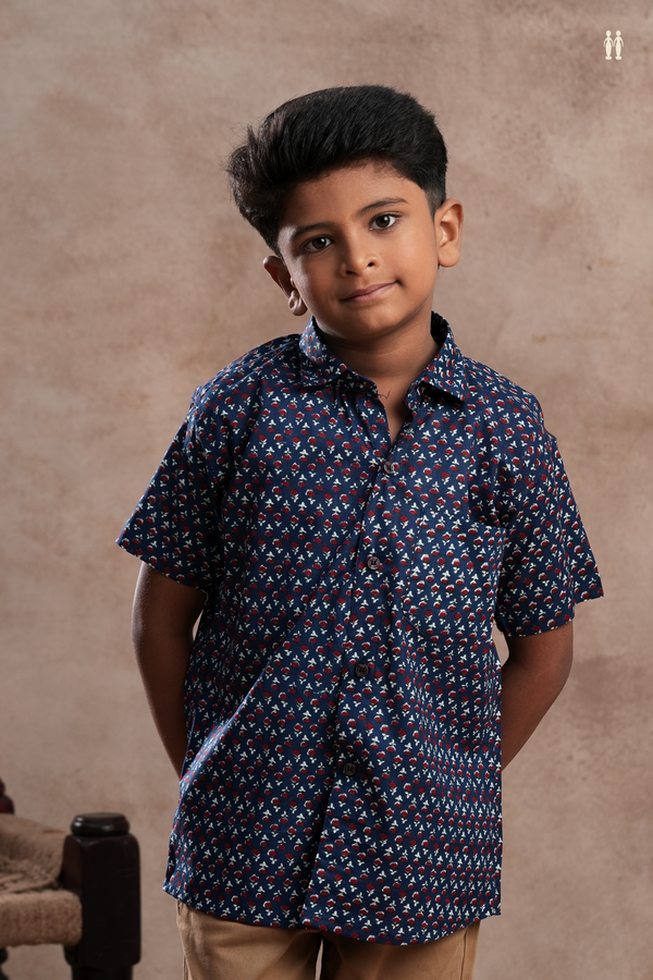 Regular Collar Printed Design Oxford Blue Cotton Shirt