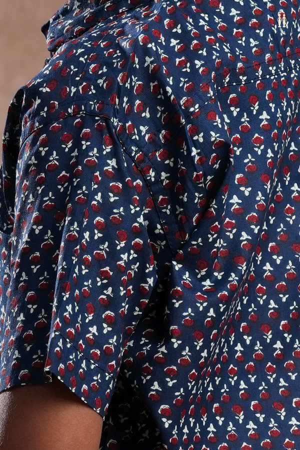 Regular Collar Printed Design Oxford Blue Cotton Shirt
