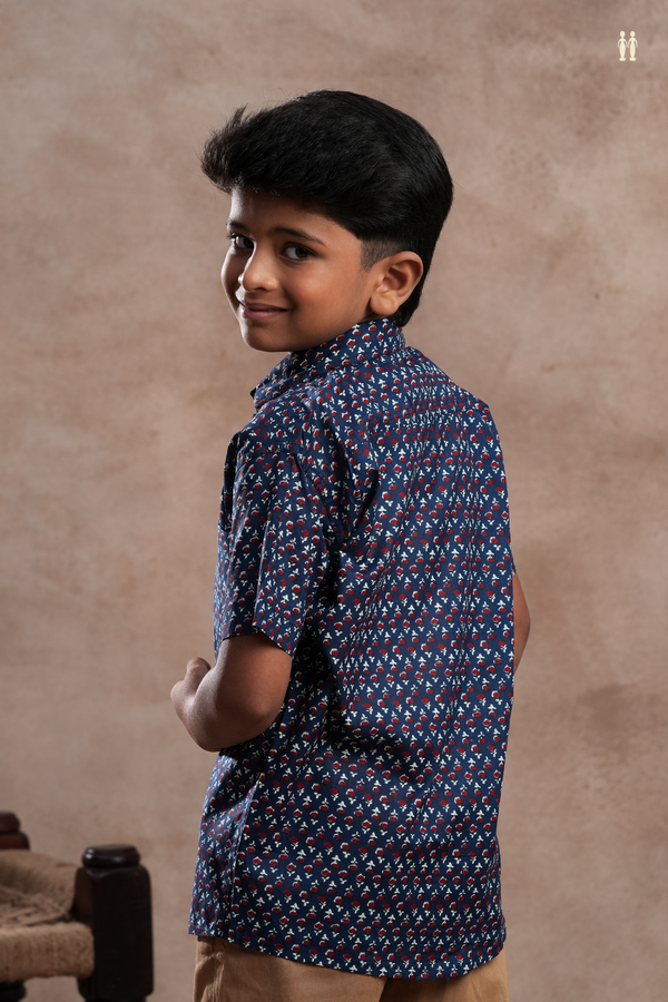 Regular Collar Printed Design Oxford Blue Cotton Shirt