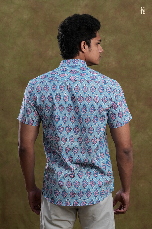Regular Collar Printed Design Pastel Blue Cotton Shirt