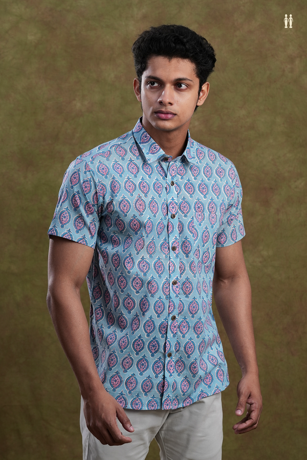 Regular Collar Printed Design Pastel Blue Cotton Shirt
