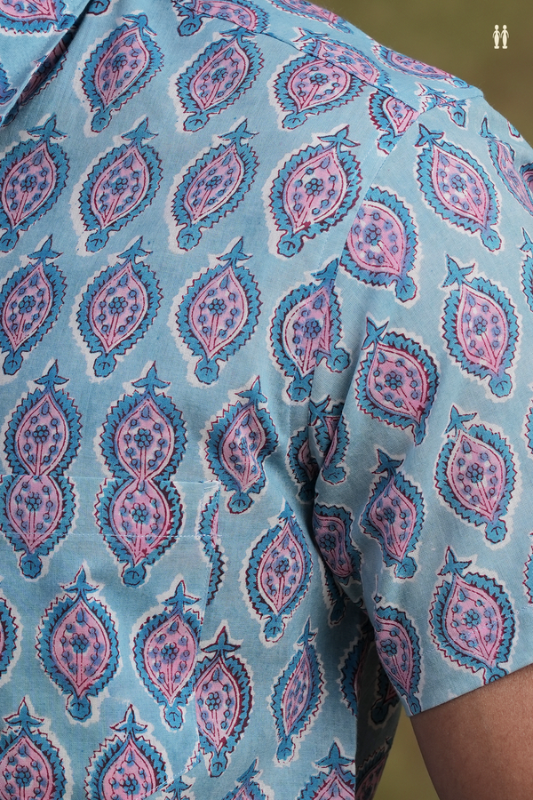 Regular Collar Printed Design Pastel Blue Cotton Shirt