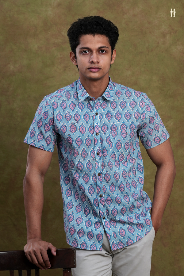 Regular Collar Printed Design Pastel Blue Cotton Shirt