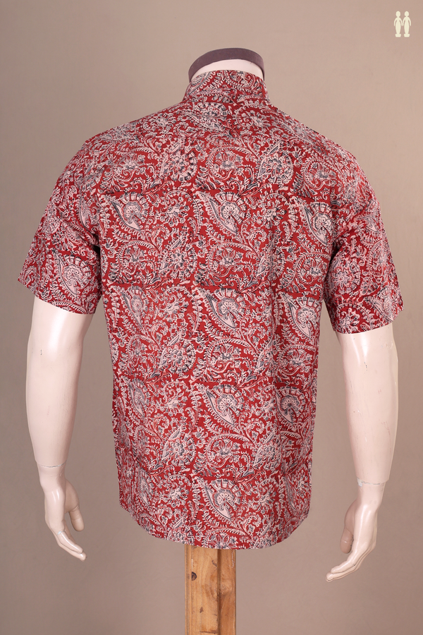 Regular Collar Printed Design Red Kalamkari Cotton Shirt
