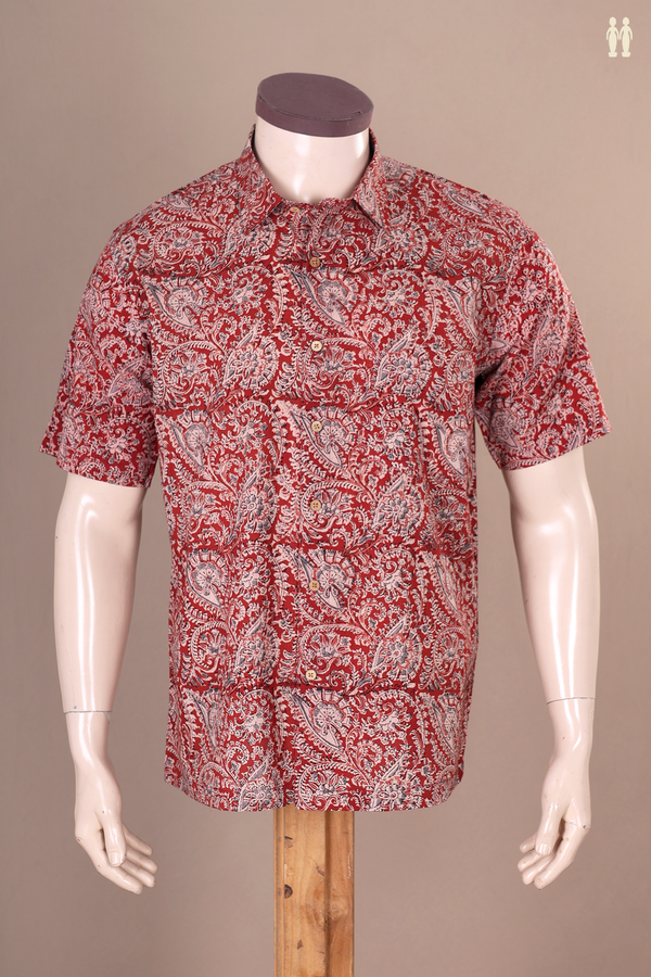 Regular Collar Printed Design Red Kalamkari Cotton Shirt