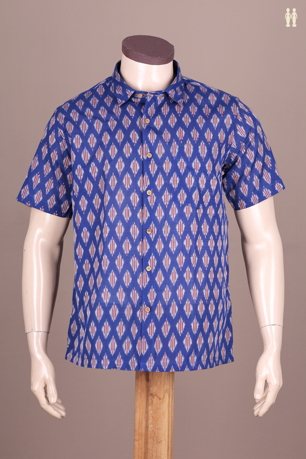 Regular Collar Printed Design Royal Blue Cotton Shirt