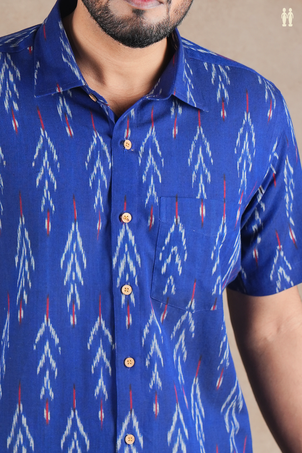 Regular Collar Printed Design Royal Blue Cotton Shirt